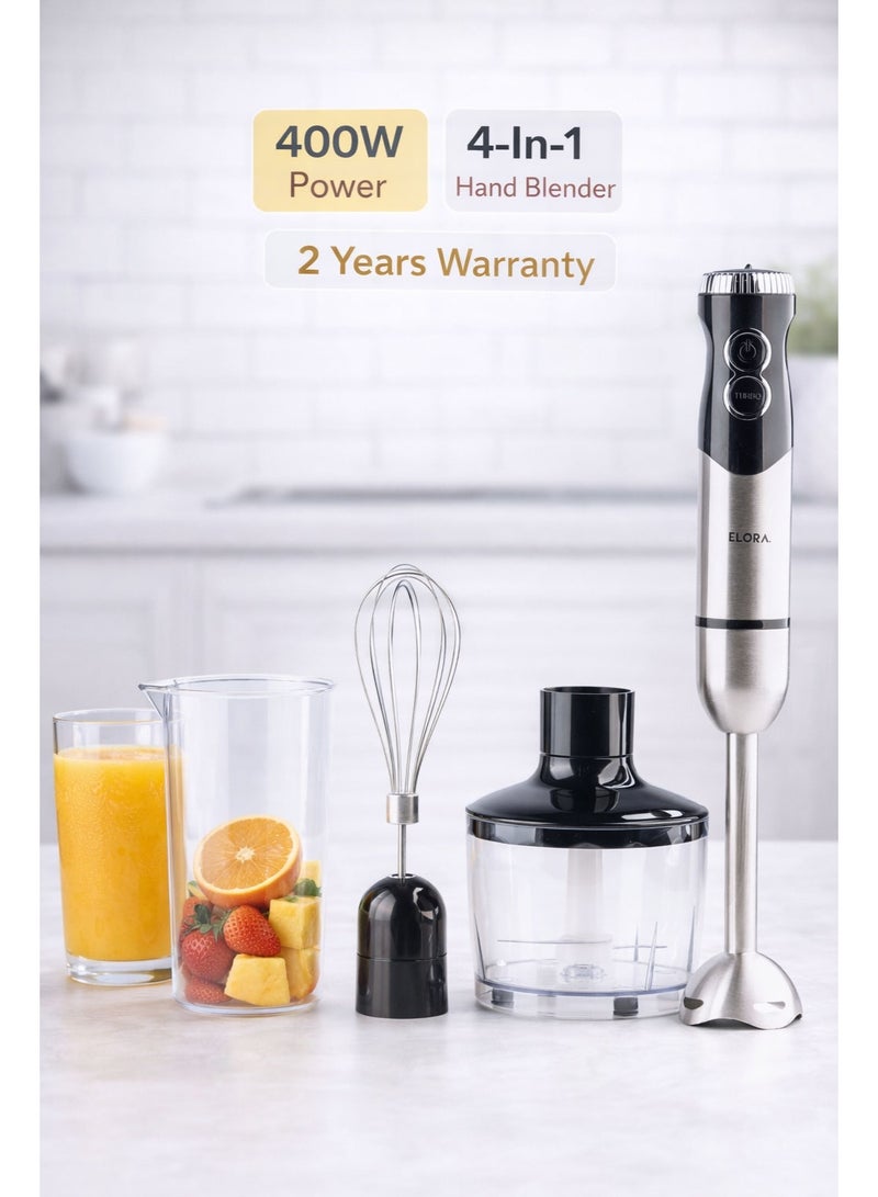 Elora 4-In-1 Hand Blender Set 400W EL-HB-3310 | Stainless Steel Hand Blender with Chopper, Whisk & Beaker | 15000 RPM | 2-Year Warranty - Image 1